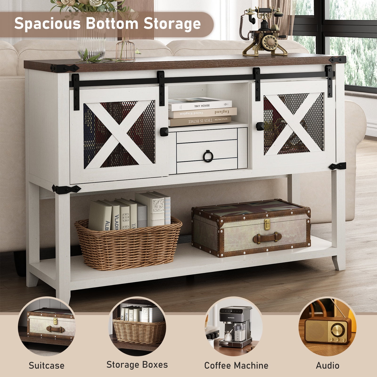 46'' Large Farmhouse Entryway Table with Sliding Barn Doors, Console Table Sofa Side Table with Storage Drawer for Hallway, Living Room(Antique White-Entryway Table)