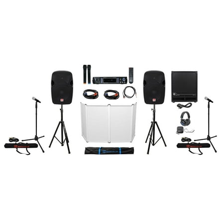 (2) 12" DJ Speakers Subwoofer Amplifier Headphones Facade Mics Stands Cables Bag