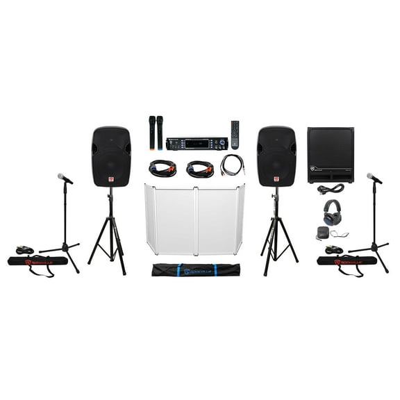 (2) 12" DJ Speakers Subwoofer Amplifier Headphones Facade Mics Stands Cables Bag