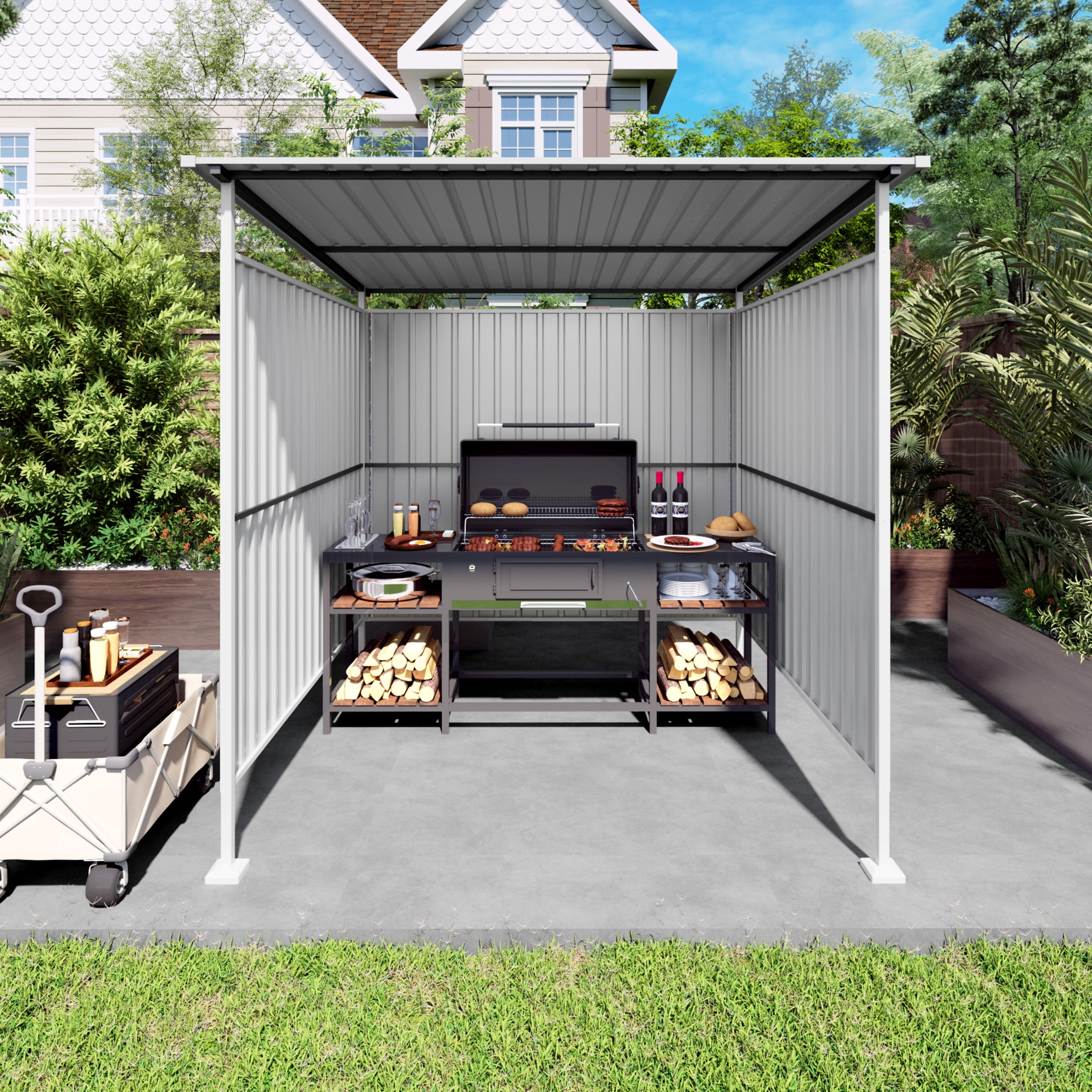 Noble House 6 ft x 6 ft Outdoor Pergola, Metal Bike Storage Shed with Hardtop Roof, Gray
