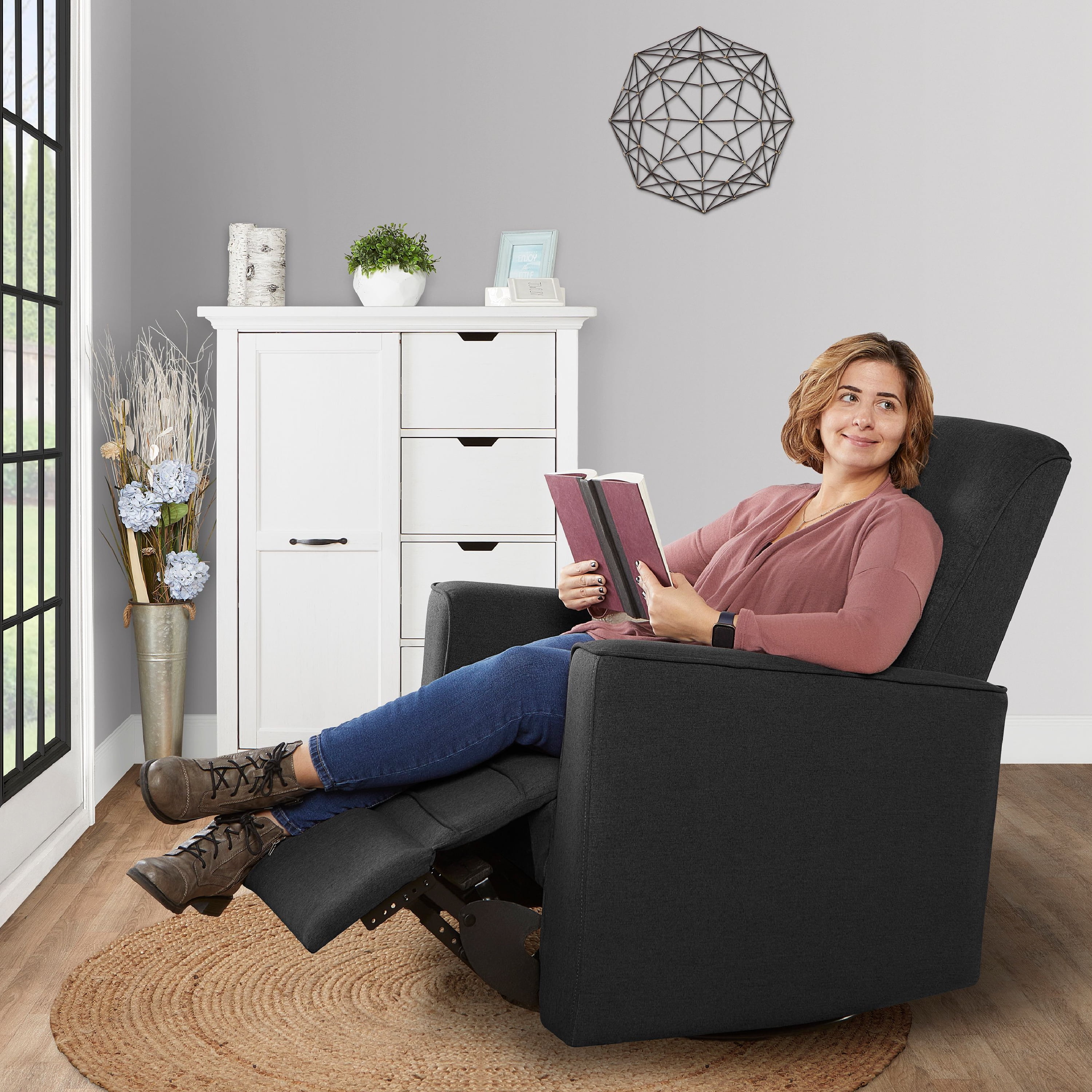 Evolur Harlow Power Recliner Glide Rocker with USB Port, Charcoal, Greenguard Gold Certified