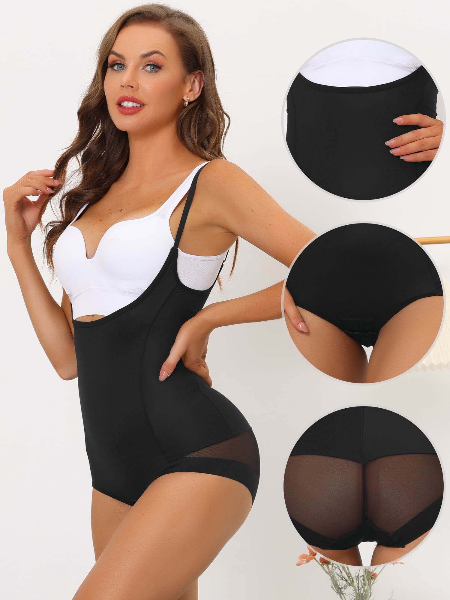 Unique Bargains Women's Mesh Full Shapewear Open Bust Leotard Jumpsuit Bodysuit L Black