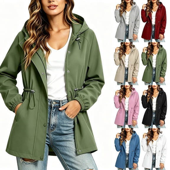 Yotami Hooded Raincoats Women, Waterproof Trench Coats with Drawstring Waist, Full Zip, Elastic Cuff, Lightweight Windbreaker Jackets Fall Fashion Clothes Sizes S-2XL