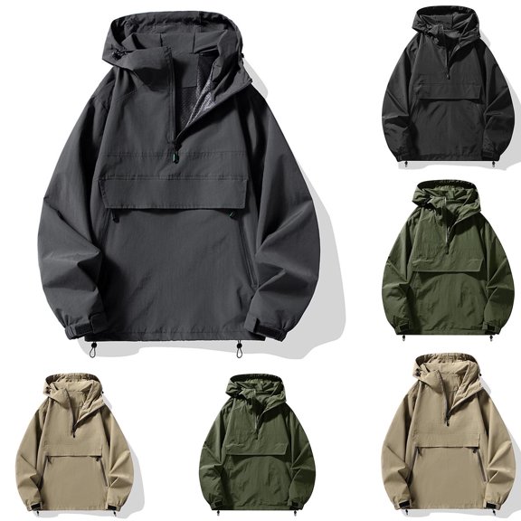 Men's Lightweight Hooded Rain Jacket Windbreaker, Water Resistant Wind Proof Half Zip Pullover Outdoor Hiking Coat with Zip Pockets