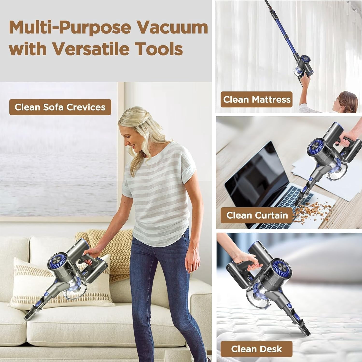 80,000PRM Cordless Vacuum Cleaners for Home, Powerful Vacuum with 2200mAH Battery up to 35 Mins Runtime, 2 Adjustable Modes and Tube Height, Detachable Parts Cordless Stick Vacuum (Sea Blue)