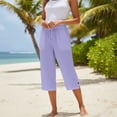 thumbnail image 4 of Capris For Women With Pockets Cotton Loose Fit Straight Leg Drawstring Elastic Waist Cropped Pant Casual Summer Linen Clothes Light Purple 2XL, 4 of 7