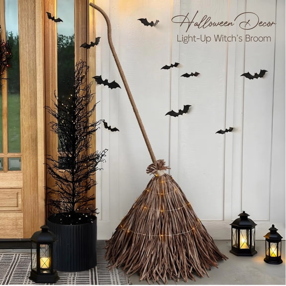 5.5 FT Giant Light Up Witches Broom, Halloween Fall Rustic Farmhouse Decoration, Indoor Outdoor Decoration, For Front Door Porch