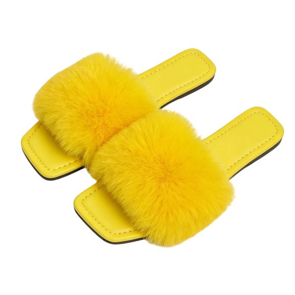Xfvqtps Womens Flat Sandals Fluffy Open Square Toe Breathable Non Slip Outdoor Indoor Comfort Casual Slide