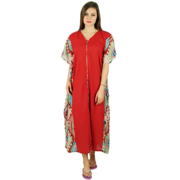Bimba Womens Red Cotton Kaftan Long Maxi Caftan Smocked Waist Night Wear Coverup