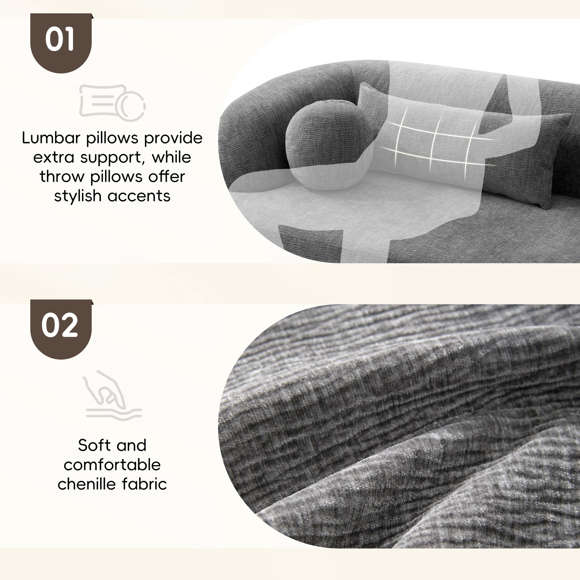 Leumius 86" Chenille Boneless Couch, Upholstered Sofa with Pillows, No Assembly Curved Cloud Couch with High-Density Foam, 3-Seater Luxury Modern Compressed Sofa for Living Room&Apartment Gray