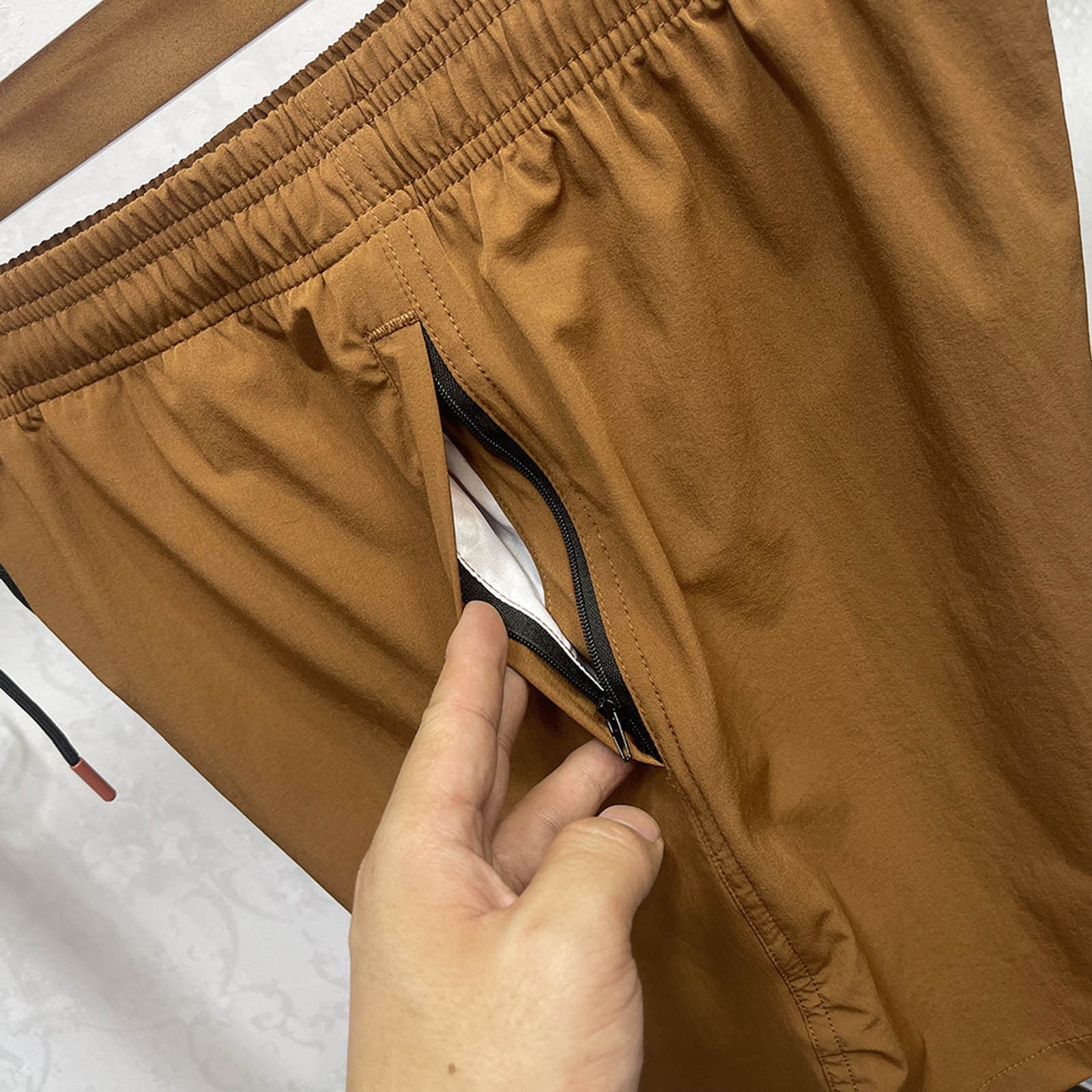 NOLDARES Men's Swim Trunks Quick Dry Board Shorts with Pockets Beach Shorts Bathing Suits for Men(Brown,L)