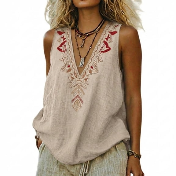 Womens Summer Tops Linen Embroidered Sleeveless Tops Casual V Neck Blouse Loose Beige Plus Size Tank Tops for Women