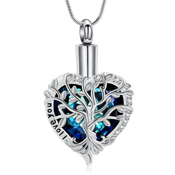 Heart Tree of Life Urn Necklace for Ashes Stainless Steel Cremation Jewelry with Crystal with Funnel Filler Memorial Jewelry Gifts for Women