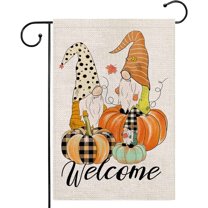 welcome gnome fall pumpkin garden flag 12.5x18 Inch small double sided burlap flags for outside Buffalo Check Plaid outdoor seasonal decor for yard