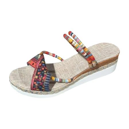 

QYZEU Vacation Sandals for Women Slope Soled Sandals New Large Shoes Colorful Strap Sandals Beach Flat Sandals Causal Breathable Lightweight Sandals Beige 42