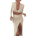 thumbnail image 2 of hirigin 2 Pieces Women Outfit, Solid Color V Neck Long Sleeve Crop Tops + Slit Hem Midi Skirt Set for Ladies, Yellow/Apricot/Black, 2 of 6