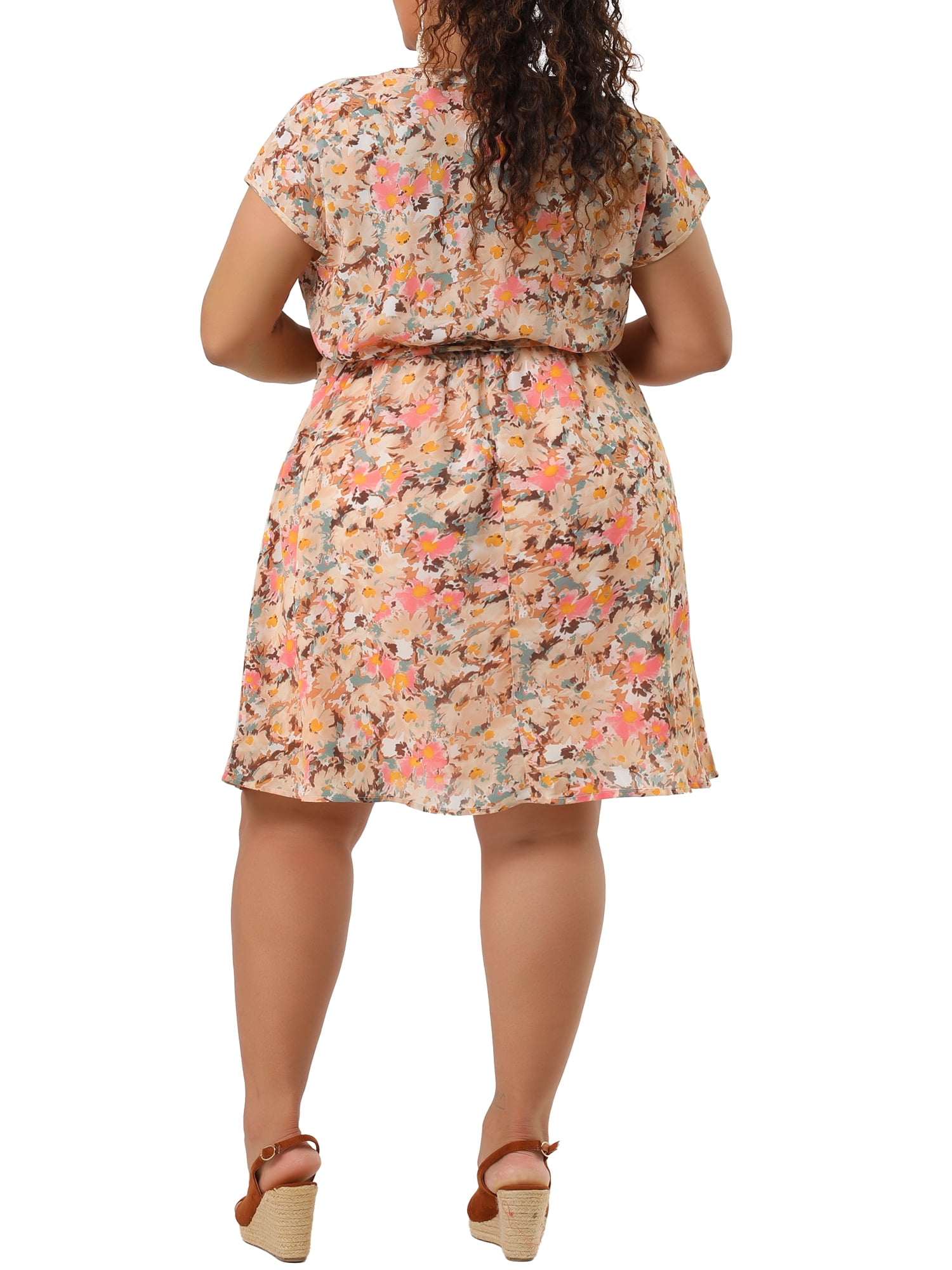 DARING DIVA  Plus Size Floral V Neck Tie Belted Dress 2X Pink