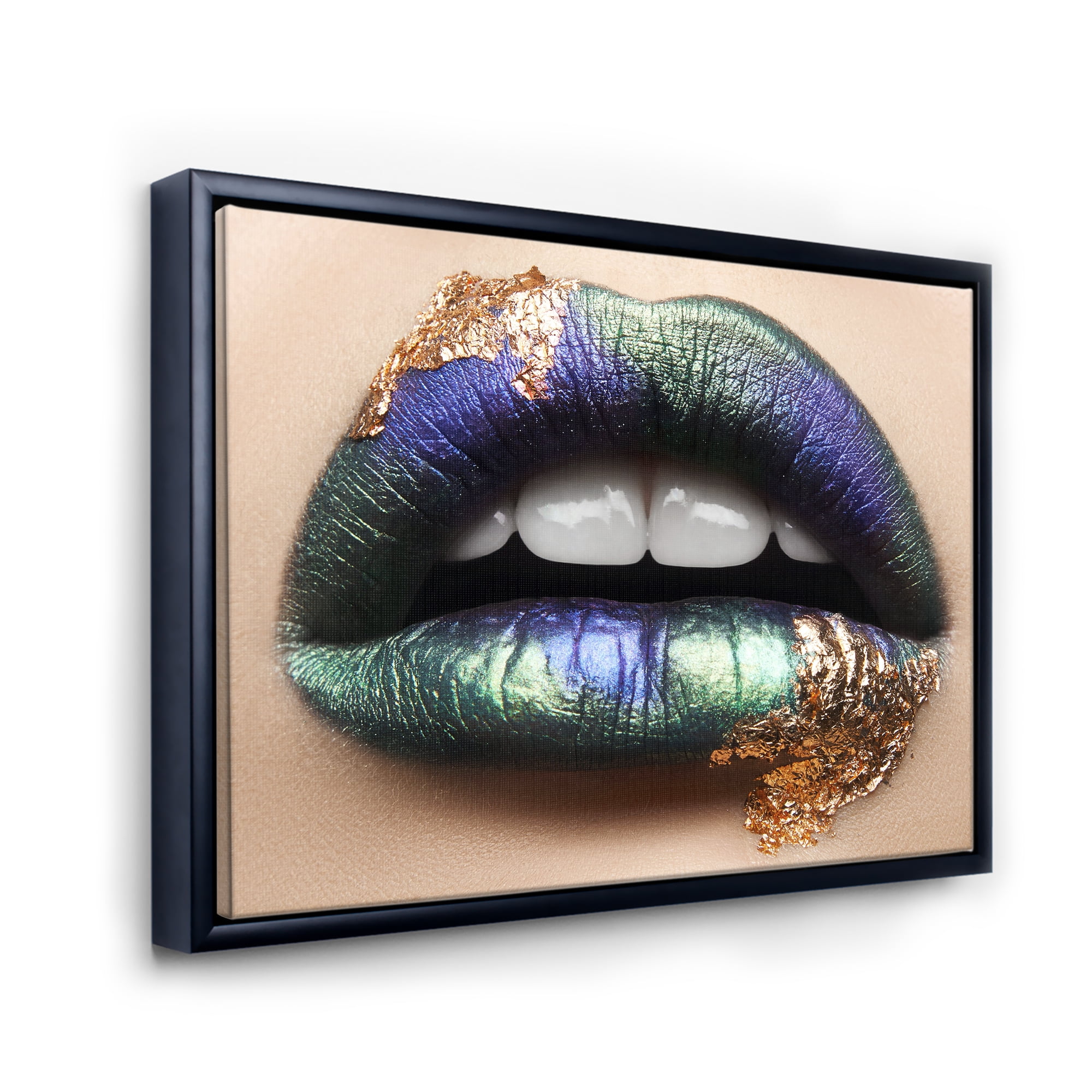 Designart 'Woman Lips With Green Lipstick & Teeth' Modern Framed Canvas Wall Art Print