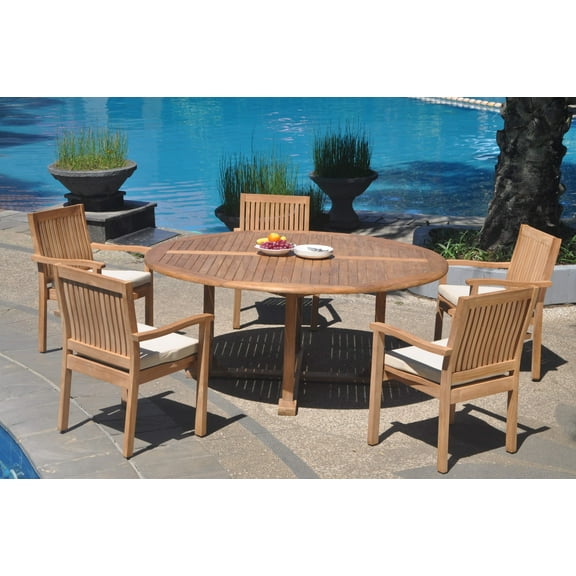 Grade-A Teak Dining Set: 5 Seater 6 Pc: 72" Round Table And 5 Leveb Stacking Arm Chairs Outdoor Patio WholesaleTeak #WMDSWVm