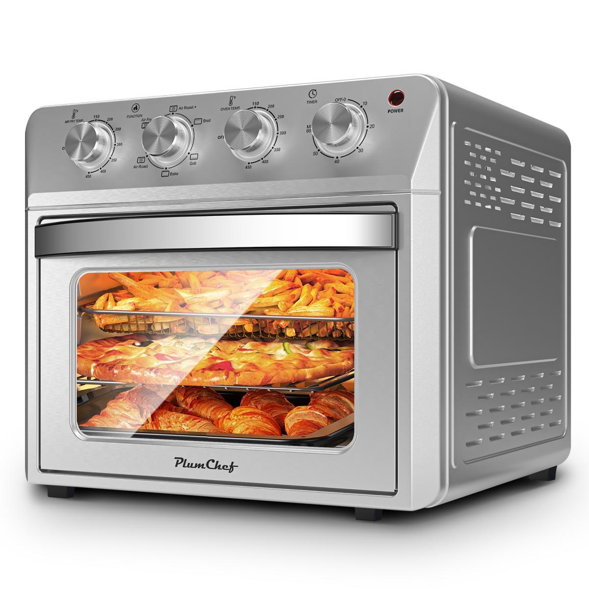 Plum Chef 27.5QT Family Size Air Fryer Oven - 6-in-1 Countertop Oven (Air Fry/Bake/Broil/Toast/Warm/Dehydrate) 1600W 4-Knob Control Silver