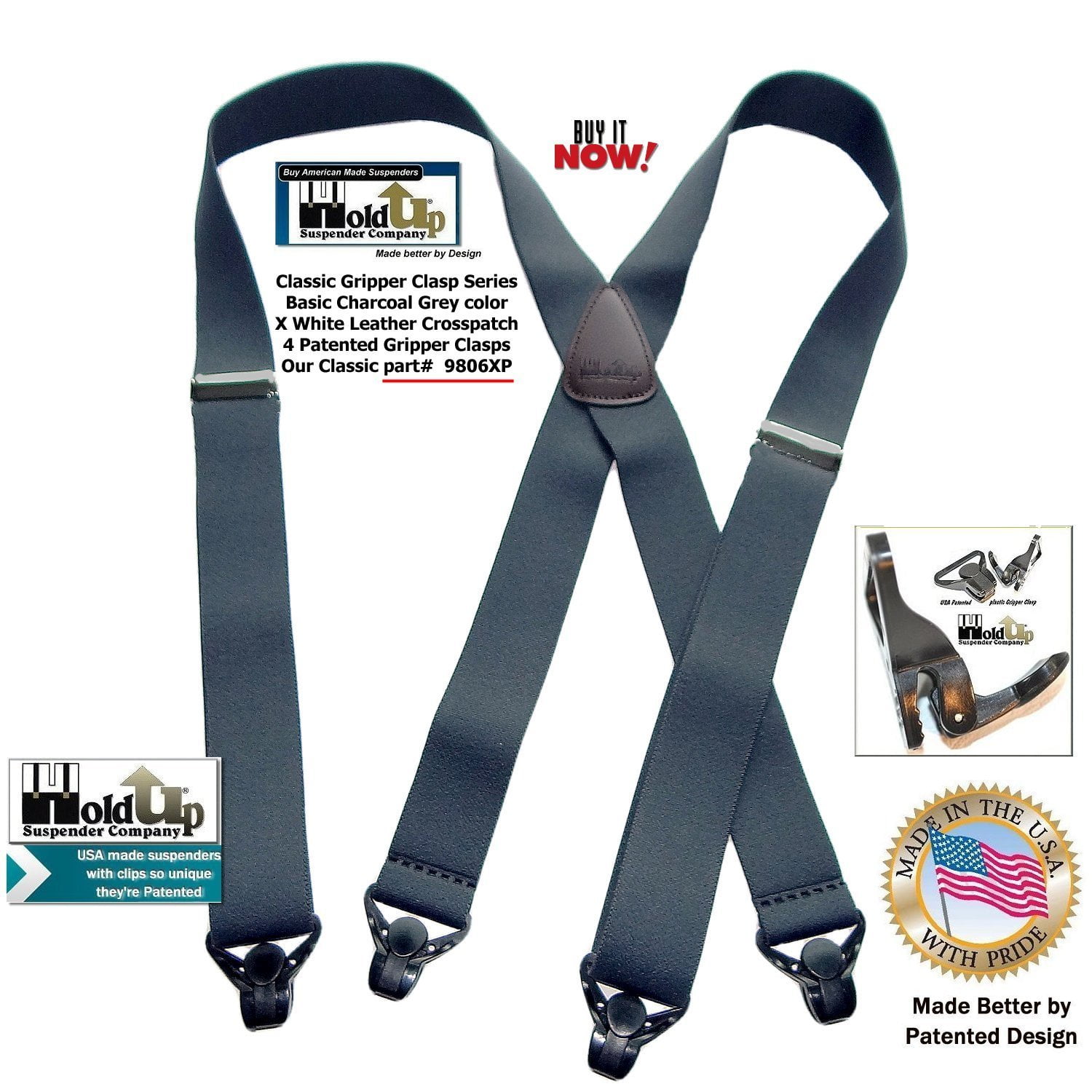 USA Made HoldUp Brand Ski-Ups series bright RED X-back Suspenders with Patented Black Gripper Clasps in 1 1/2 width 