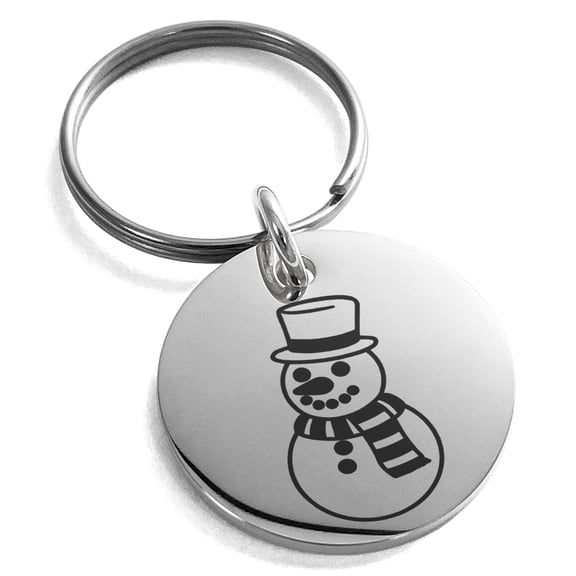 Stainless Steel Scarfed Snowman Engraved Small Medallion Circle Charm Keychain Keyring