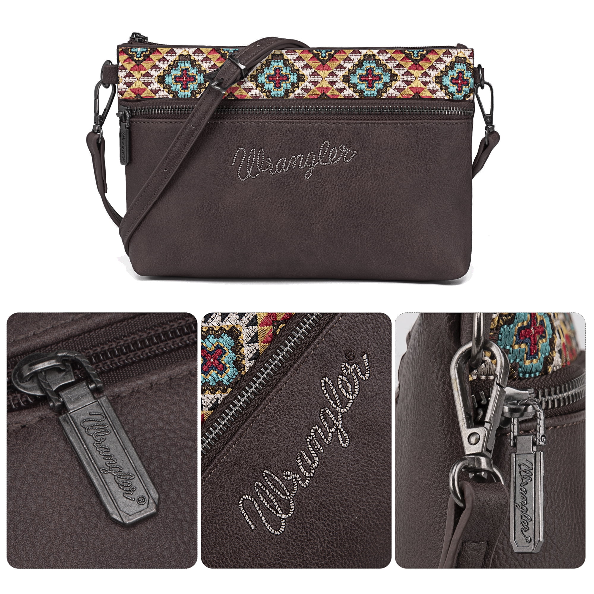 Wrangler Western Cowhide Crossbody Bags for Women Clutch Wristlet Purse, Embroidered-coffee