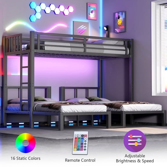 Mirightone Triple Bunk Bed with LED & USB Charging Station, Convertible to 3 Separate Beds, Twin XL over Twin Metal Bunk Bed with Safety Guardrail & Ladder for 3 Teens,No Box Spring Needed