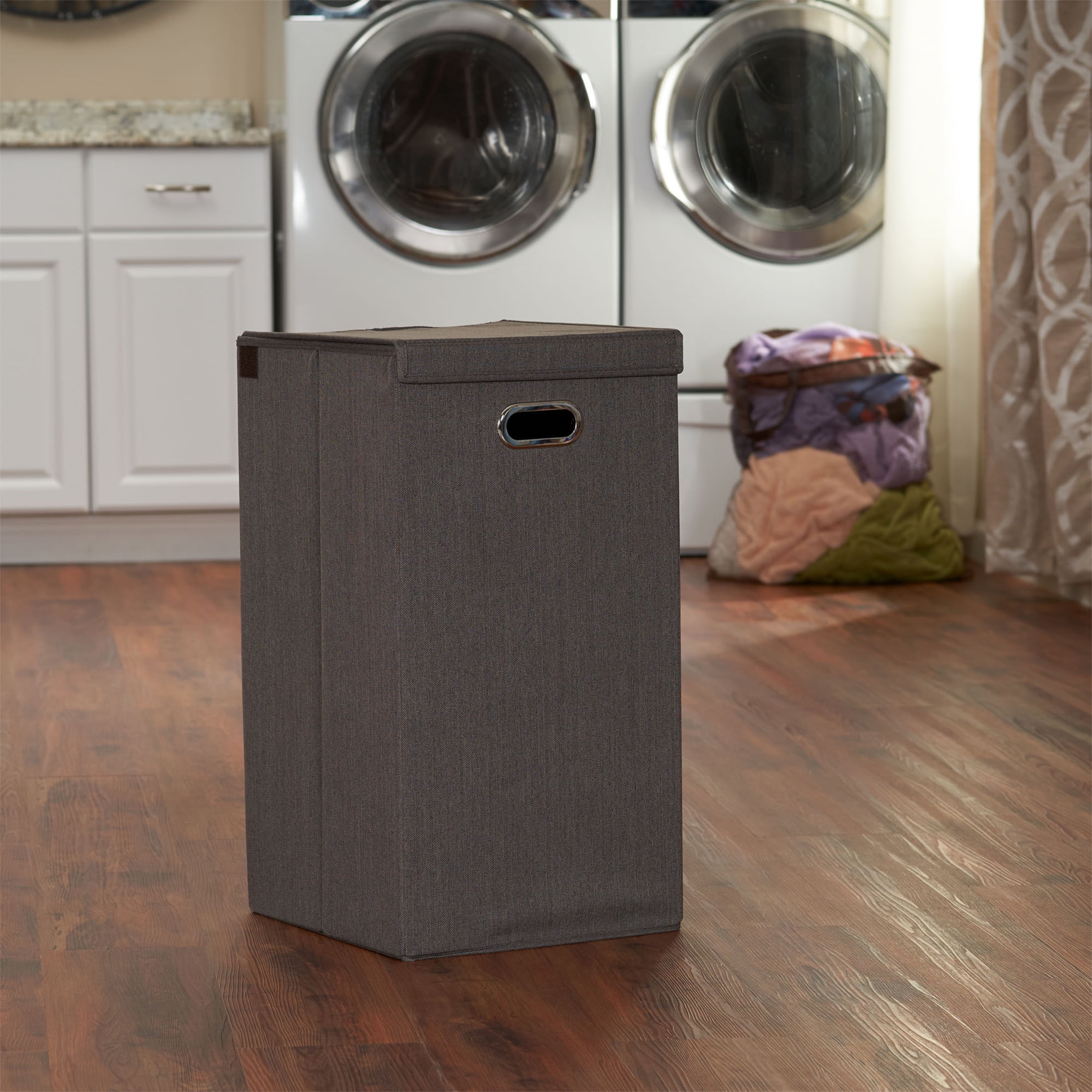 Household Essentials Laundry Hamper with Lid, Sturdy Polyester Sides with Attached Magnetic Lid, Removable Mesh Liner, Attractive Grommet Handles, Easily Transportable and Folds Flat, Cobblestone