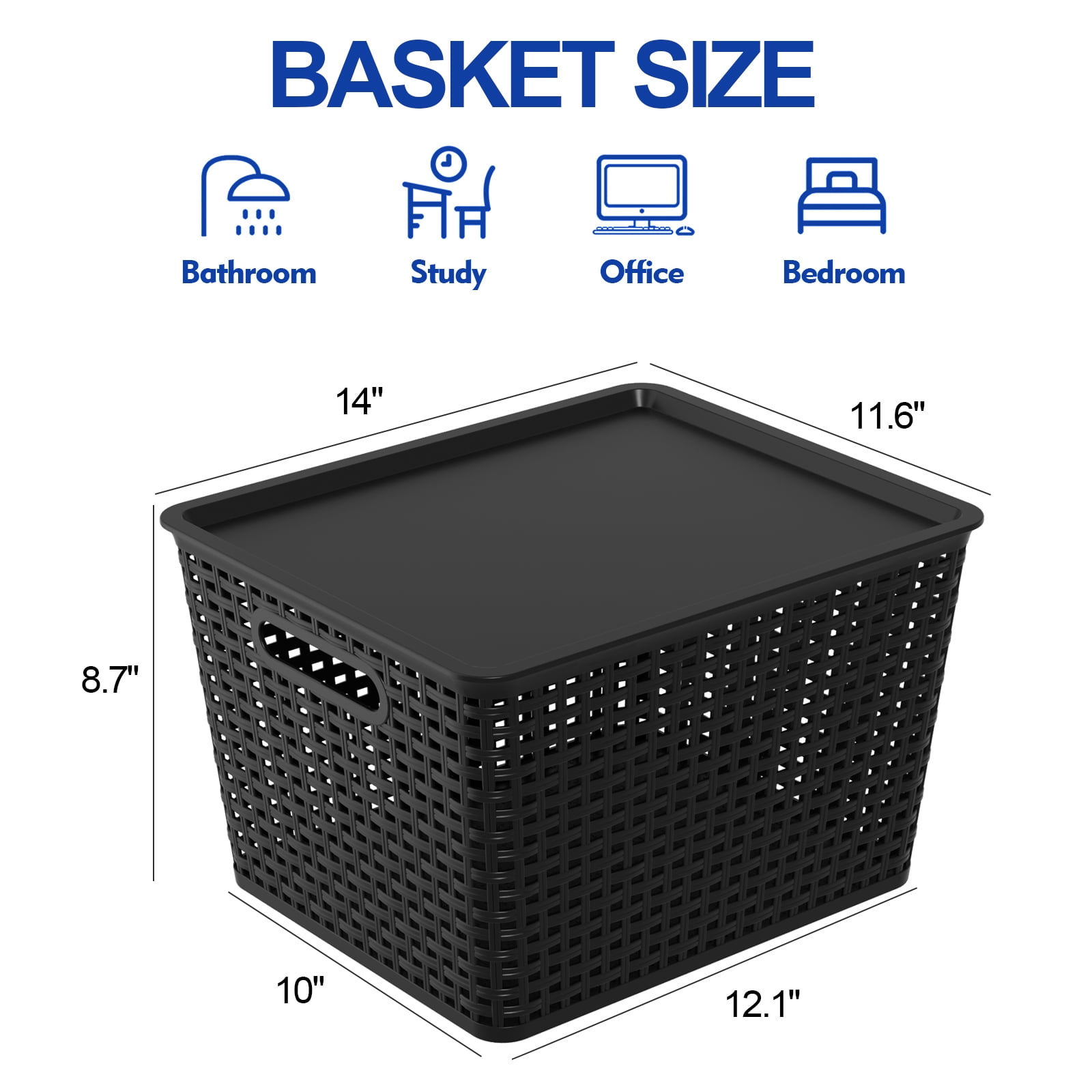 Ramddy Large Plastic Basket with Lid, Black Woven Storage Baskets, 6 Pack