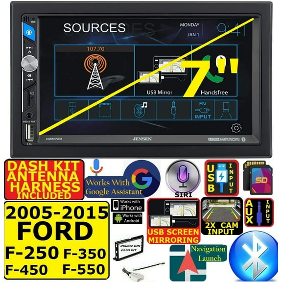 FITS 05-15 FORD F250/350/450/550  AM/FM USB/BLUETOOTH TOUCHSCREEN CAR RADIO STEREO PKG.  INCLUDES VEHICLE SPECIFIC INSTALLATION HARDWARE INCLUDING DASH KIT, WIRE HARNESS, AND ANTENNA ADAPTER WH