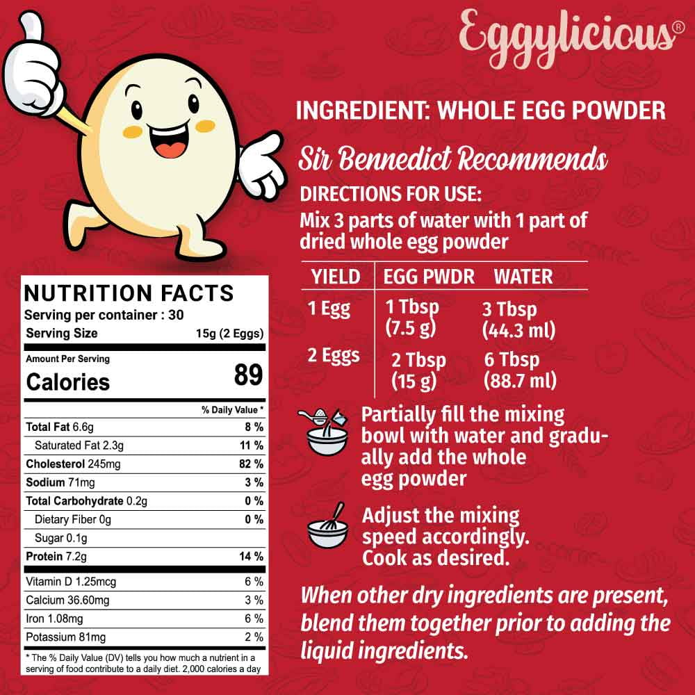 Eggylicious Whole Egg Powder, Dried Natural Protein Powder, Made from Fresh Eggs White & Yolk mixed, Pasteurized, 1lbs (16oz)