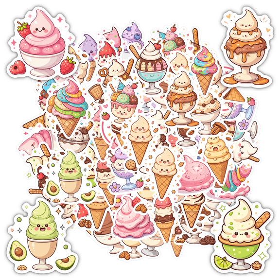 Cute Ice Cream Funny Stickers Cartoon Sweet Treats Stationery Stickers for Laptops Suitcases Notebooks