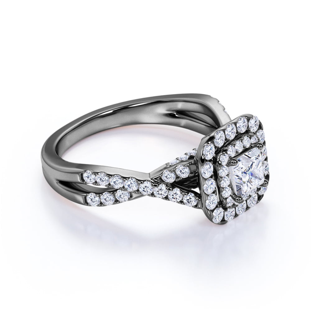 JeenMata Elegant Square Cut Lab Grown Diamond - Twisted Band - Pave - Double Halo Gothic Engagement Ring - 10K Black Gold