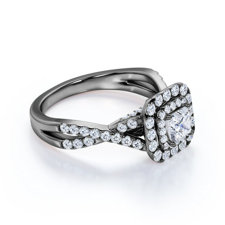 Elegant 1 Carat - Square Cut Diamond - Twisted Band - Pave - Double Halo Engagement Ring - 10K White Gold, Women's, Size: 7