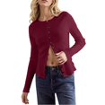 thumbnail image 1 of Aocisk Button Front Cardigan for Women Solid Color Slim Fit Long Sleeved Jacket Round Neck Knitted Ribbed Top Wine M, 1 of 9