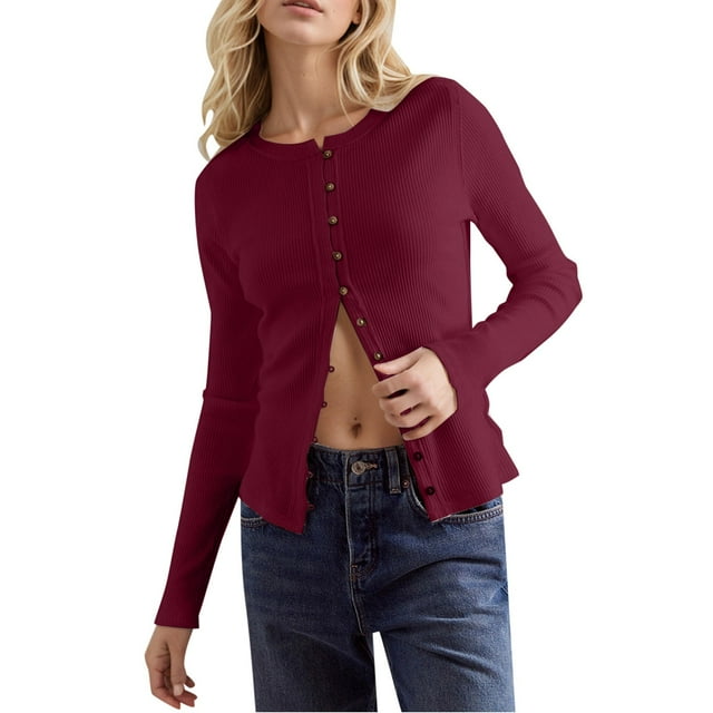 Aocisk Cardigan à Boutons pour Femmes, Couleur Unie, Coupe Ajustée, Veste à Manches Longues, Col Rond, Haut en Tricot Côtelé, Bourgogne m
