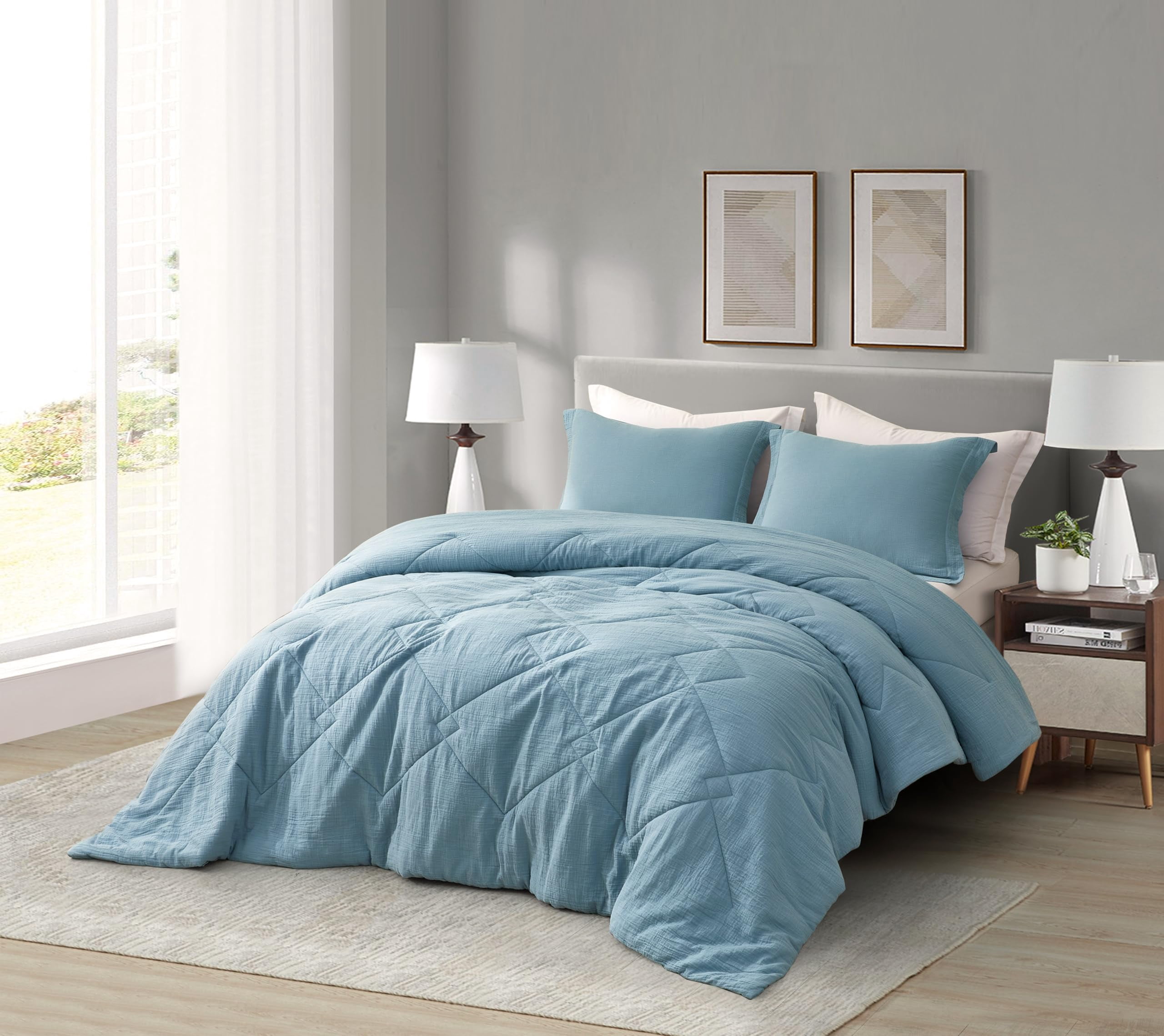 Chezmoi Collection Skye 3-Piece 100% Cotton Muslin Thin Comforter Set Oversized King, Lake Blue Reversible Soft Washed Cotton Gauze Breathable Lightweight Summer Blanket