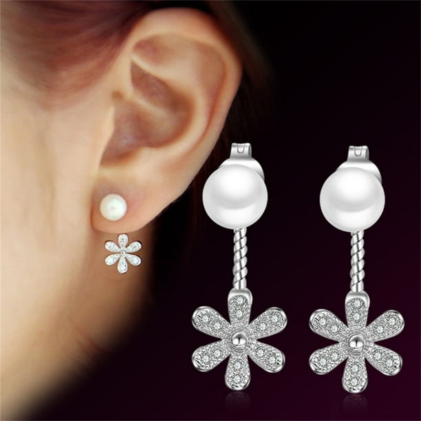 Pendientes de perlas colgantes con flor en la espalda y temperamento destacado para mujer, joyería para mujer