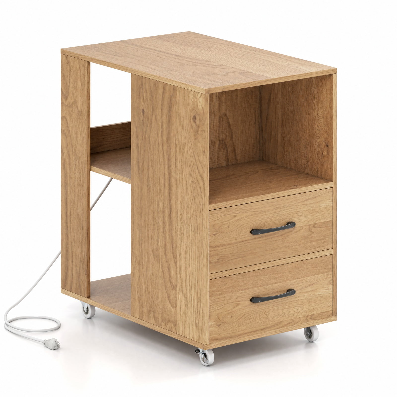 Furnibear Mobile Bedside Table with Charging Station 2 Drawers and Open Shelves End Table on Wheels for Bedroom Sofa Side, Natural