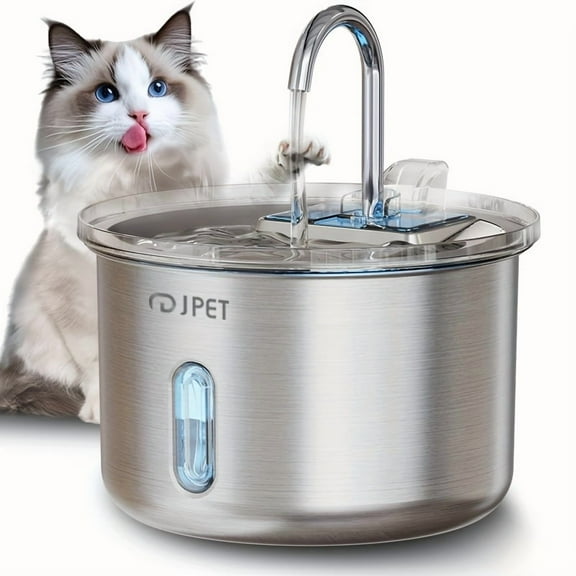 JPET 2L/67.63OZ Cat Water Fountain, Stainless Steel Automatic Pet Water Dispenser, Dog Drinking Dispenser Dish Animal Feeding & Watering Supplies Waterfall With 1 Replacement Filter, Without Battery