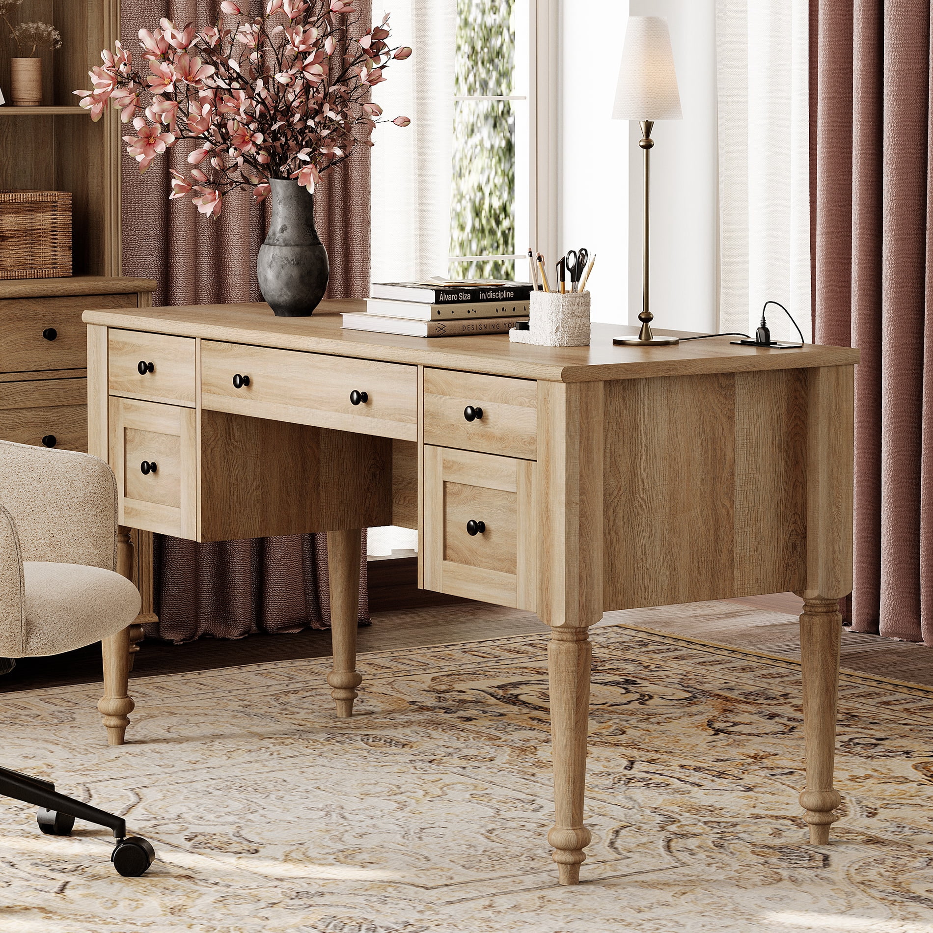 WAMAPT Farmhouse Executive Desk with 5 Drawers, Home Office Desk with Charging Station, Wooden Computer Desk with File Cabinet Storage, Open Shelf for Work and Study, Oak, 56 inch