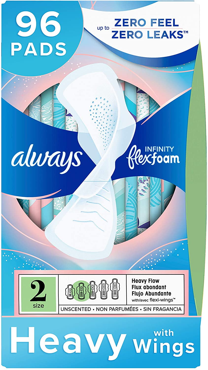 Always Infinity Feminine Pads for Women, Size 2, 96 Count, Heavy Flow