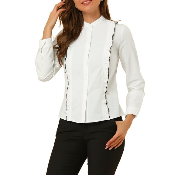 Allegra K Women's Long Sleeve Button Up Ruffle Trim Contrast Piping Shirt