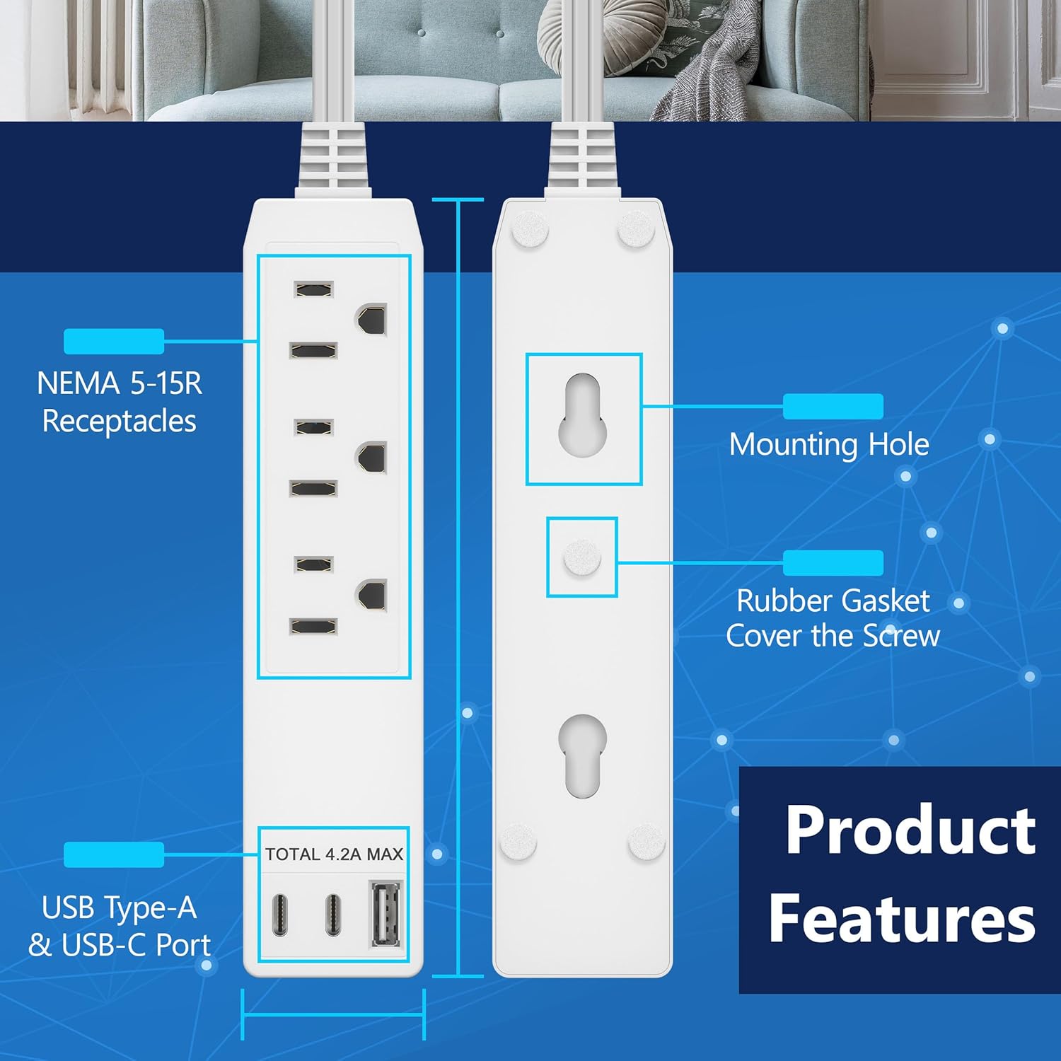 JJEAN-Outlet Extender with 3 Receptacles, USB Type-A and 2 USB Type-C Port, Ultra-Thin Flat-Plug with Cord Extender, 3-Outlet Power Strip, Slim Angled Design, UL-Listed, 5ft Cord, White
