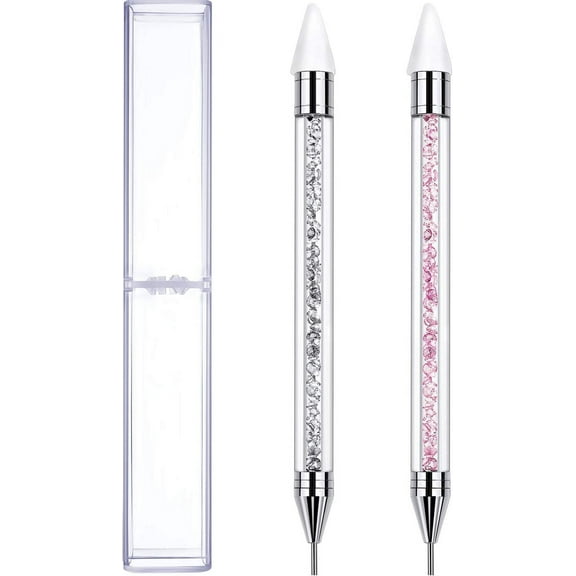 Dual-Ended Rhinestone Picker Dotting Pen, Pink and White Crystal Beads Handle Manicure Nail Art Tool