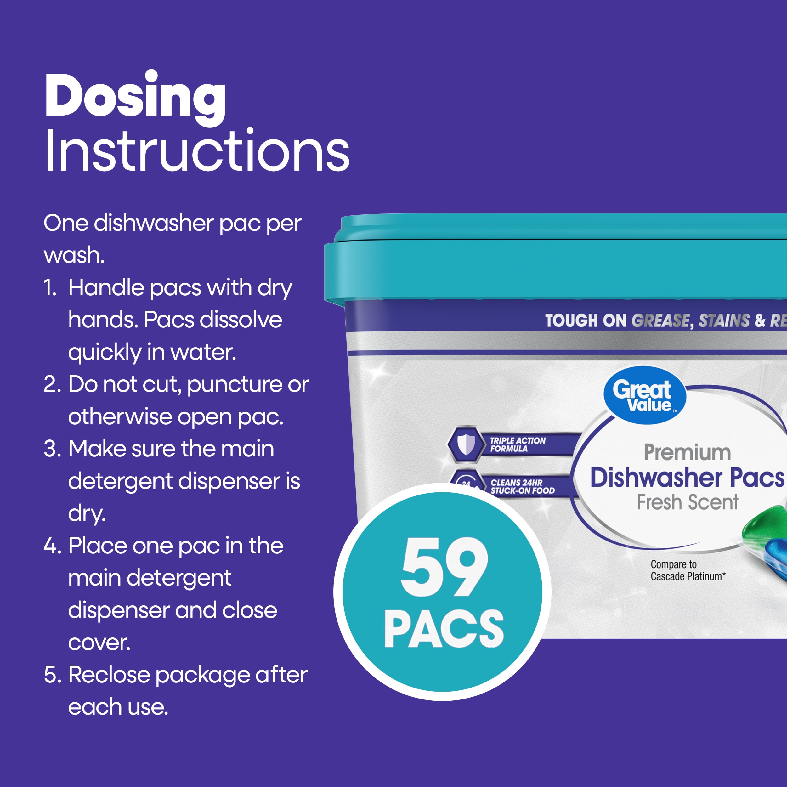 Great Value Premium Dishwasher Pacs, Fresh Scent, 59 Count