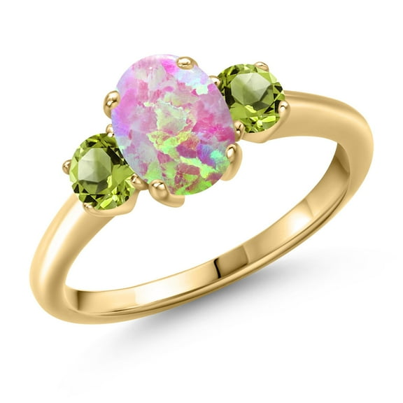 Gem Stone King 1.65 Ct Oval Cabochon Pink Simulated Opal Green Peridot 18K Yellow Gold Plated Silver Ring (Size 9)