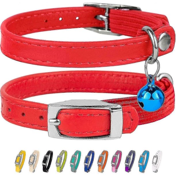 Leather Cat Collar, Cat Safety Collar With Elastic Strap, Kitten Collar For Cat With Bell Black Blue Red Orange-Good