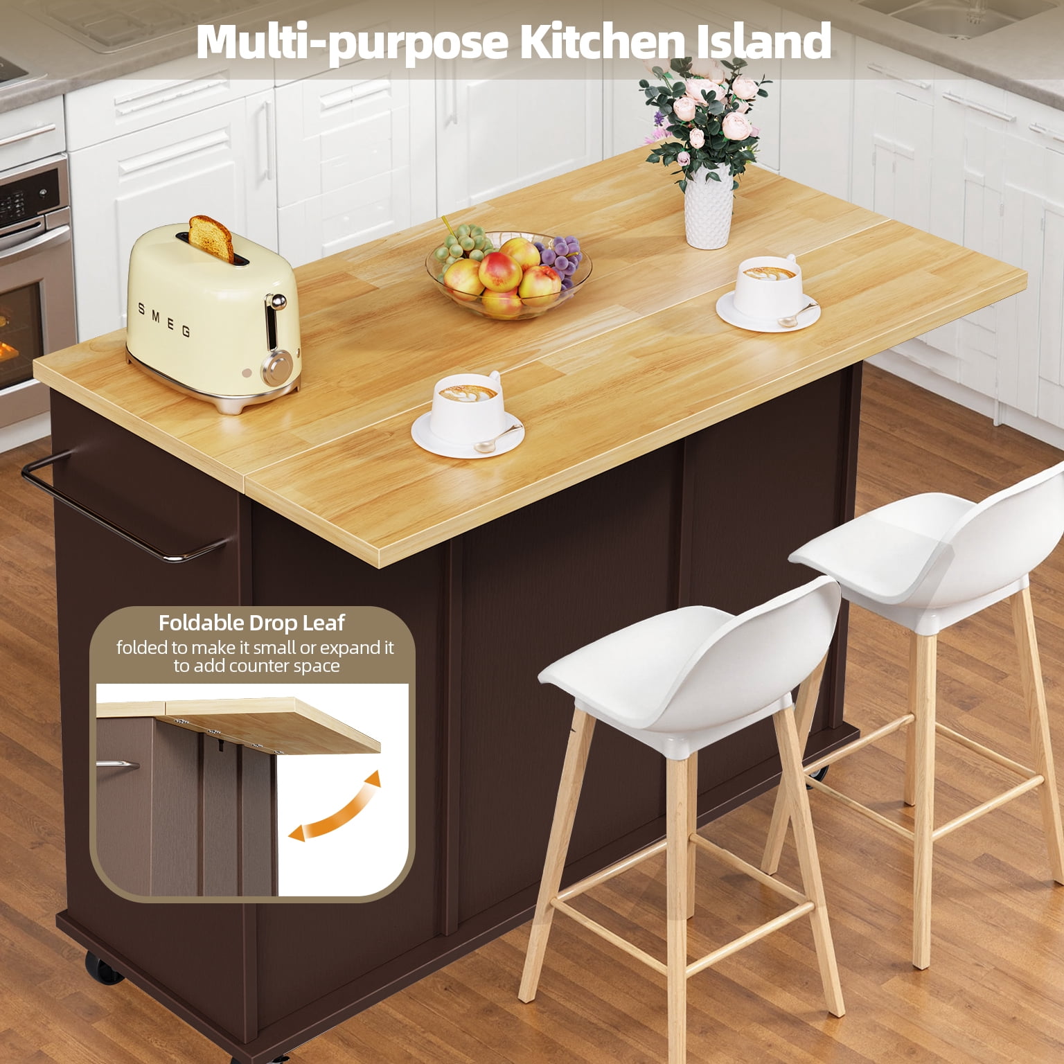 Walsunny Kitchen Islands Carts with Drop Leaf Table 1 Drawer 5 Wheels 2 Magnetic Doors Rolling Storage Cabinet Brown